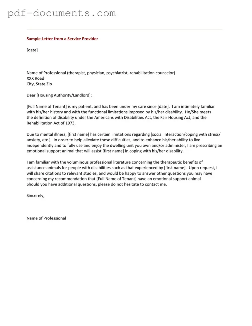 Download Emotional Support Animal Letter Form