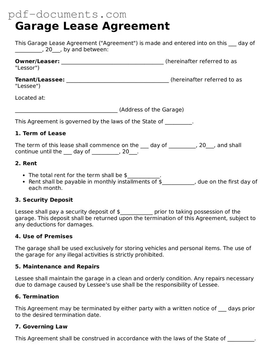 Printable Garage Lease Agreement Form