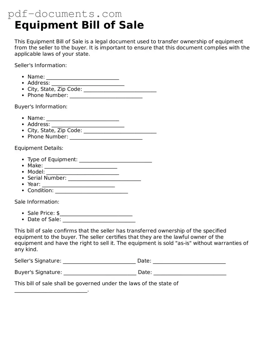 Printable Equipment Bill of Sale Form