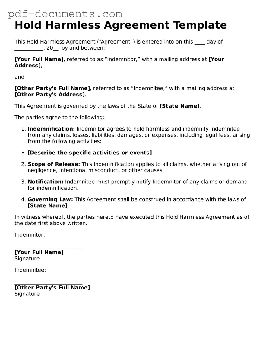 Printable Hold Harmless Agreement Form