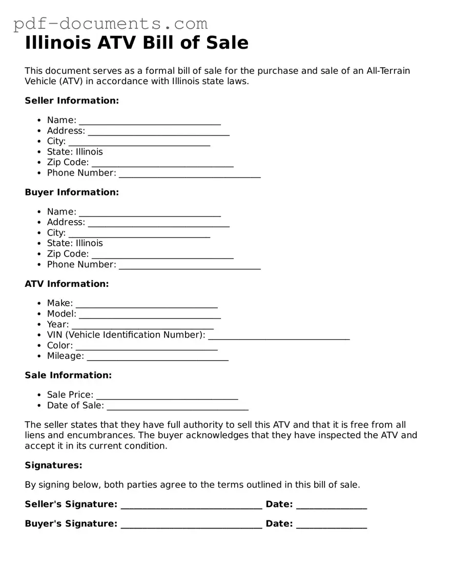 Legal ATV Bill of Sale Template for the State of Illinois