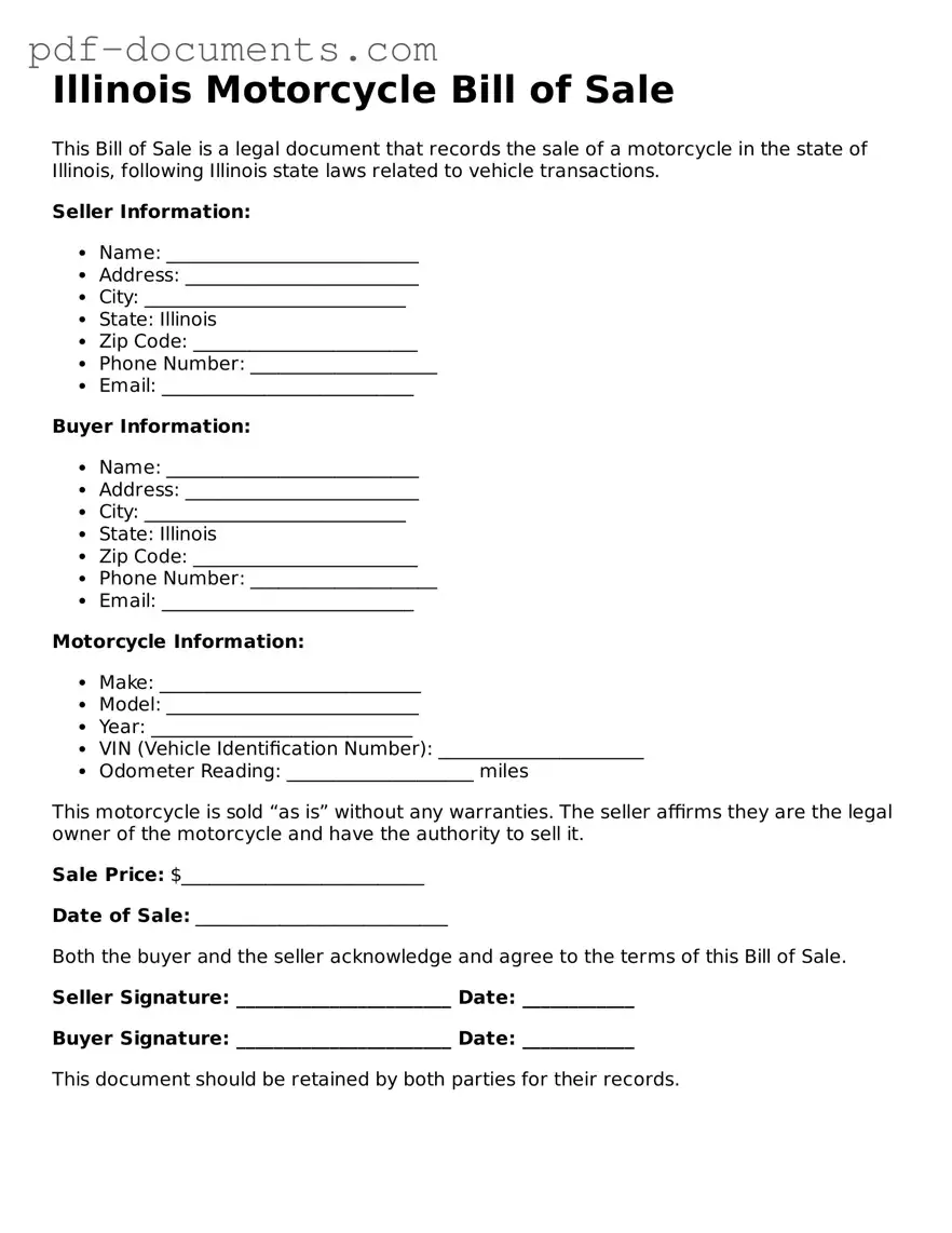 Legal Motorcycle Bill of Sale Template for the State of Illinois