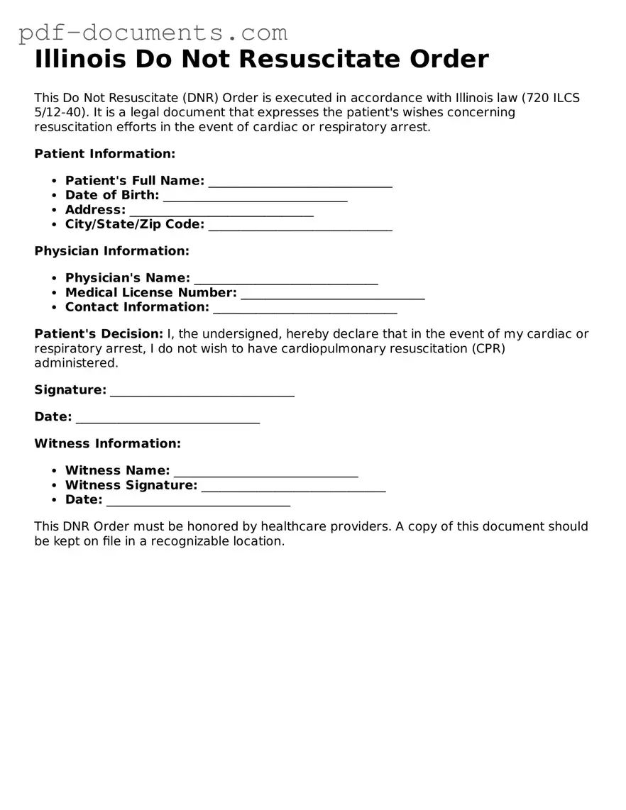 Legal Do Not Resuscitate Order Template for the State of Illinois