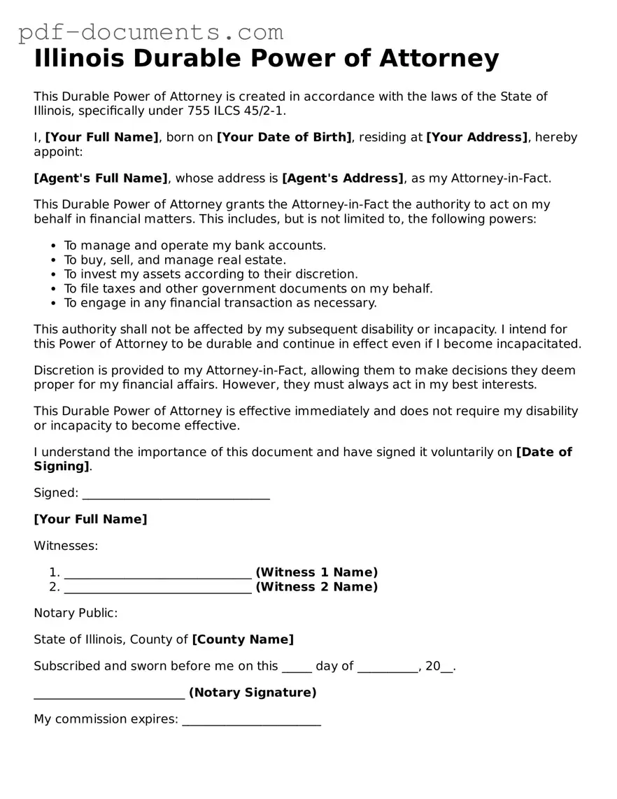Legal Durable Power of Attorney Template for the State of Illinois