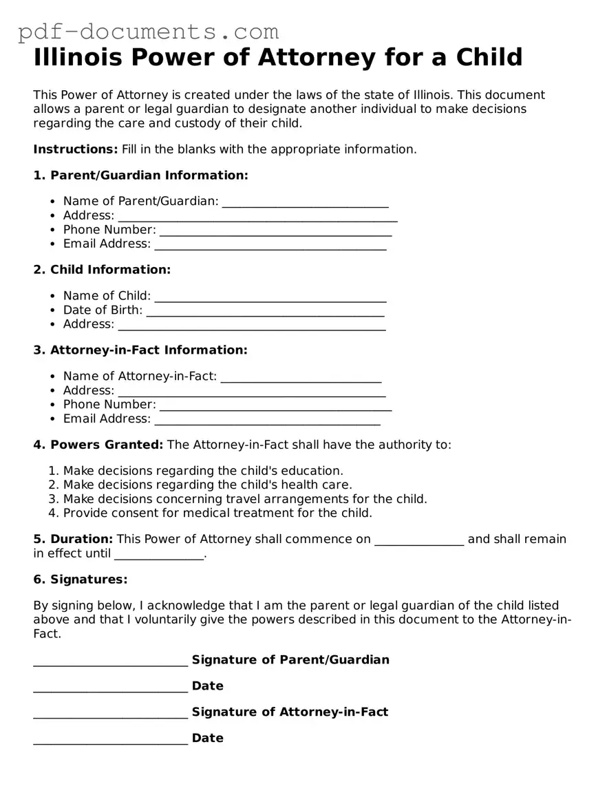 Legal Power of Attorney for a Child Template for the State of Illinois