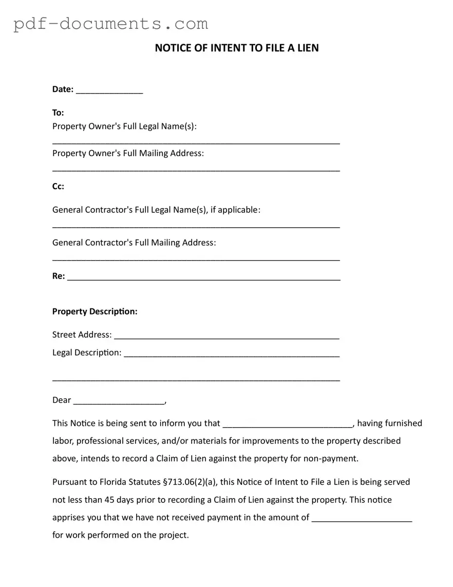 Download Intent To Lien Florida Form