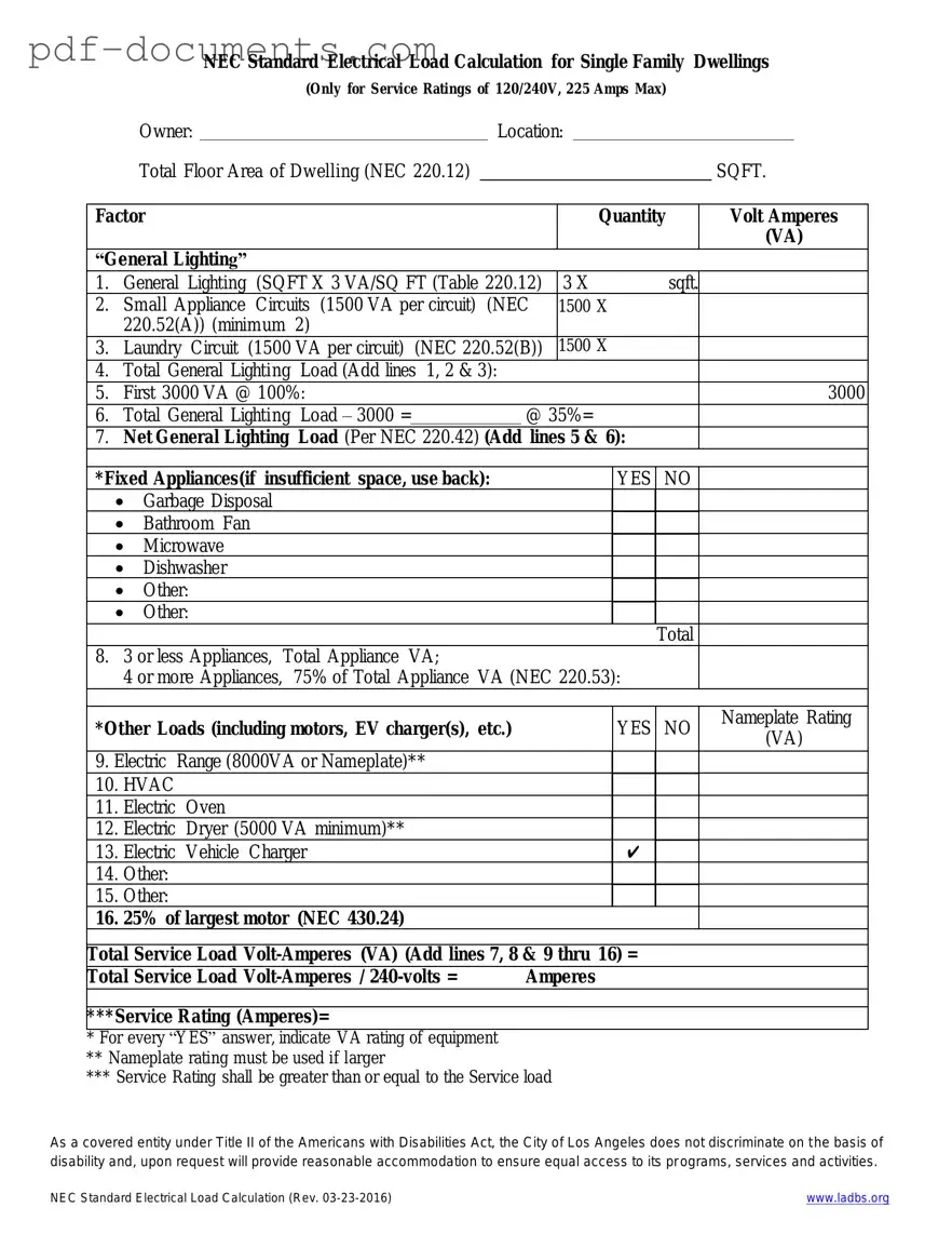 Download LADBS NEC Standard Electrical Load Calculation Form