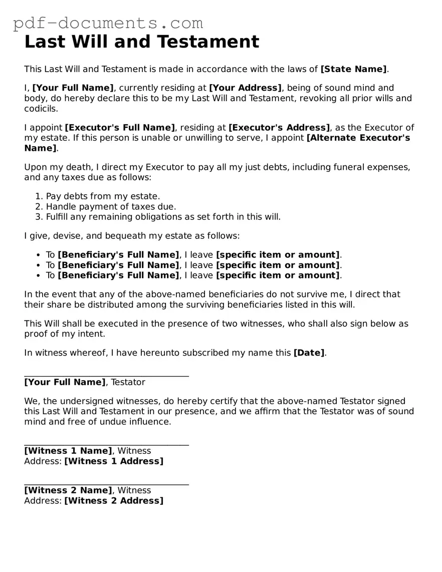 Printable Last Will and Testament Form