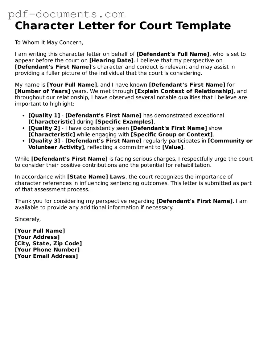 Printable Character Letter for Court Form