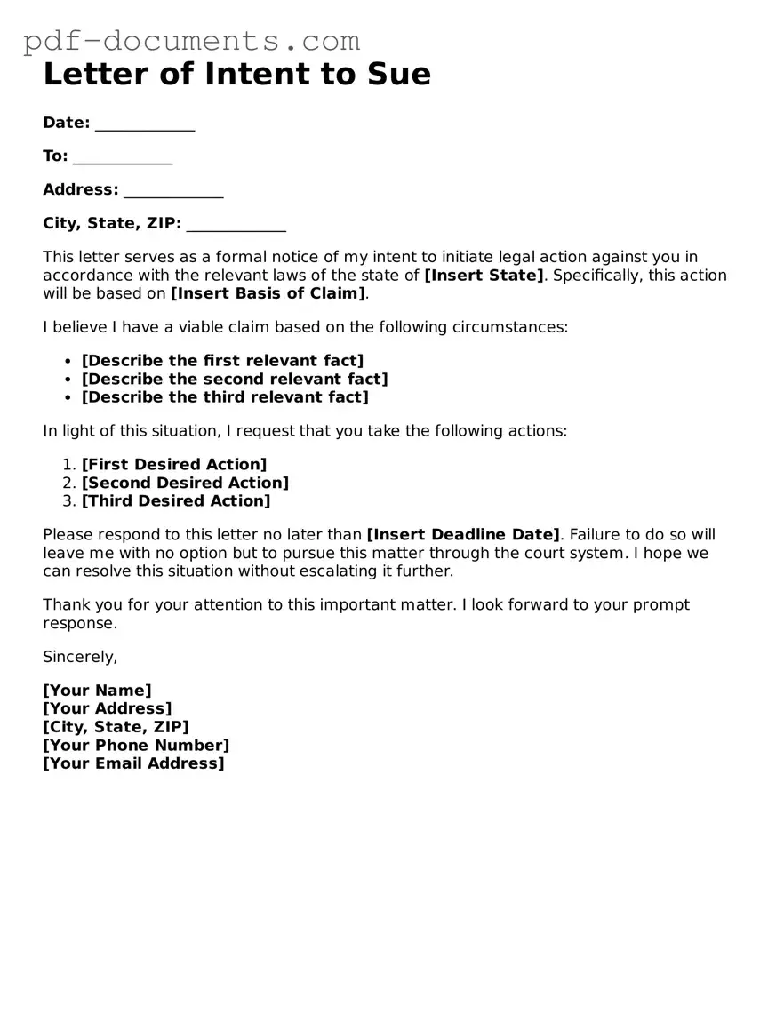 Printable Letter of Intent to Sue Form