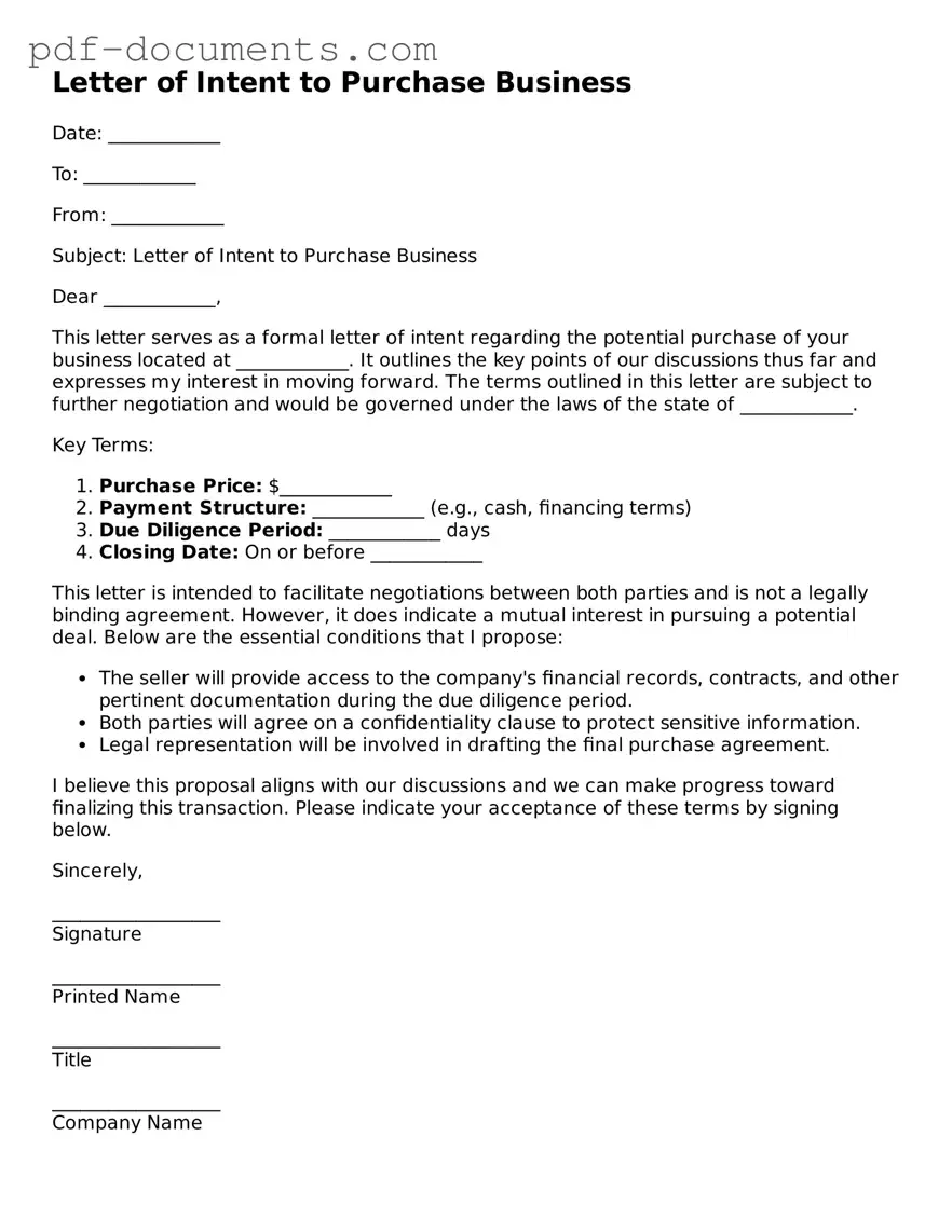 Printable Letter of Intent to Purchase Business Form
