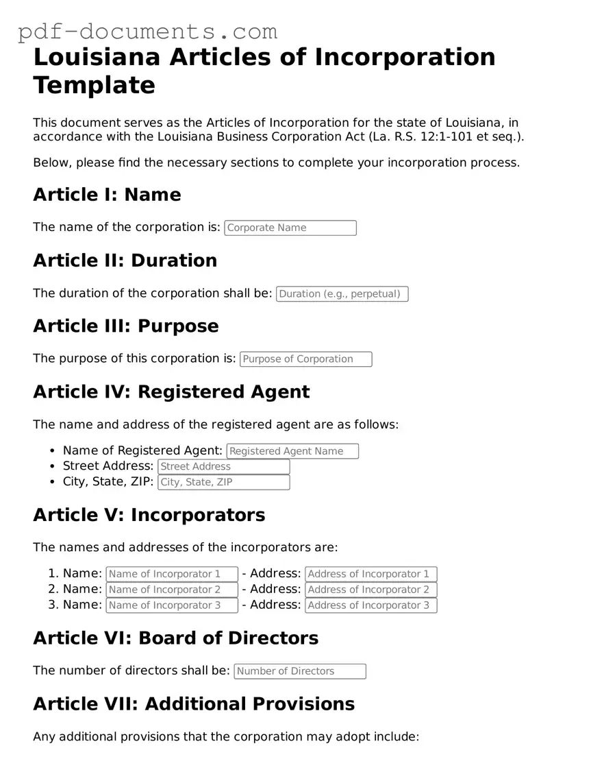 Legal Articles of Incorporation Template for the State of Louisiana