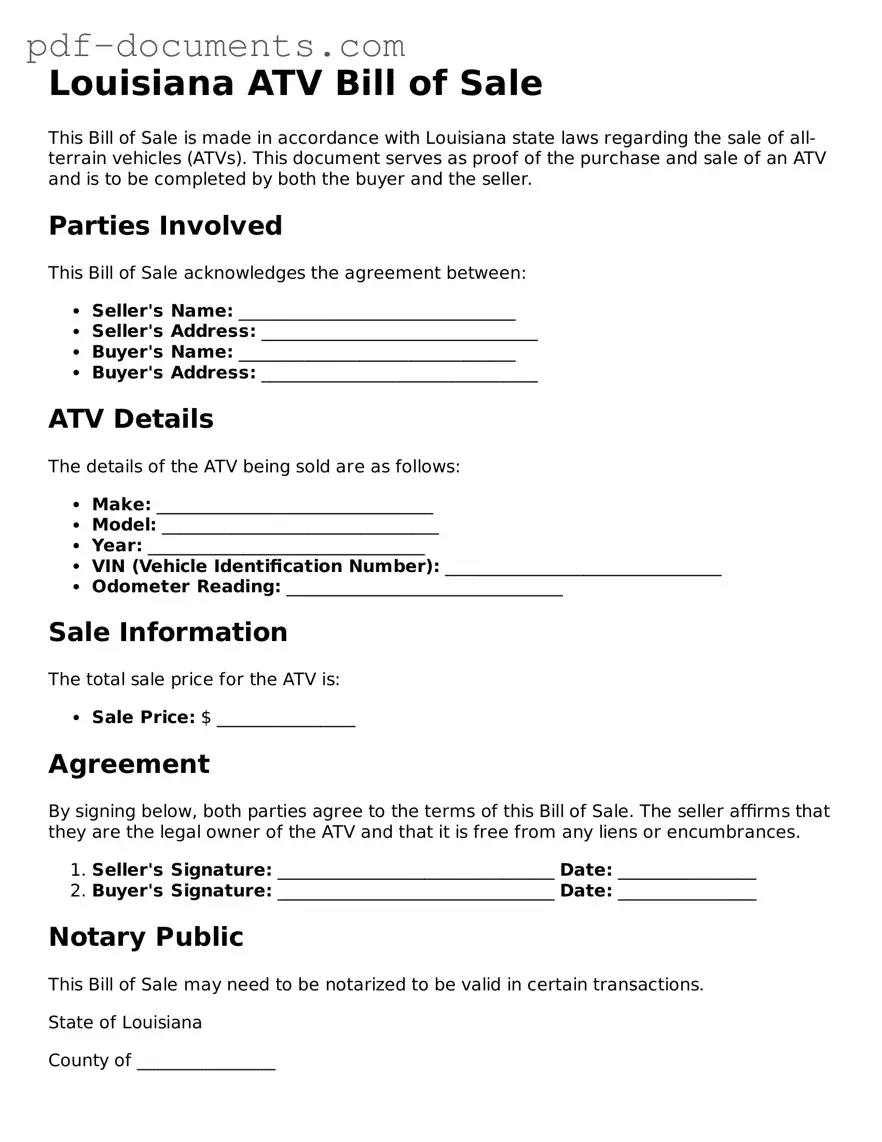Legal ATV Bill of Sale Template for the State of Louisiana