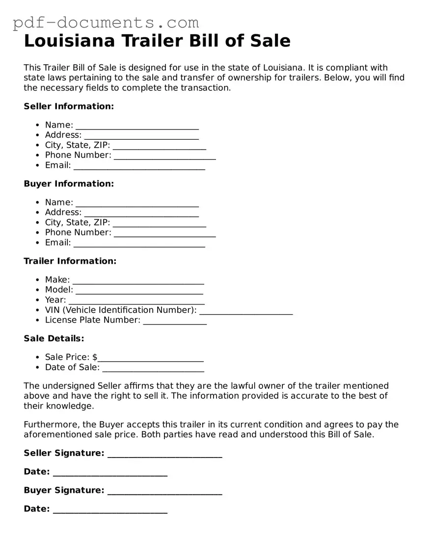 Legal Trailer Bill of Sale Template for the State of Louisiana
