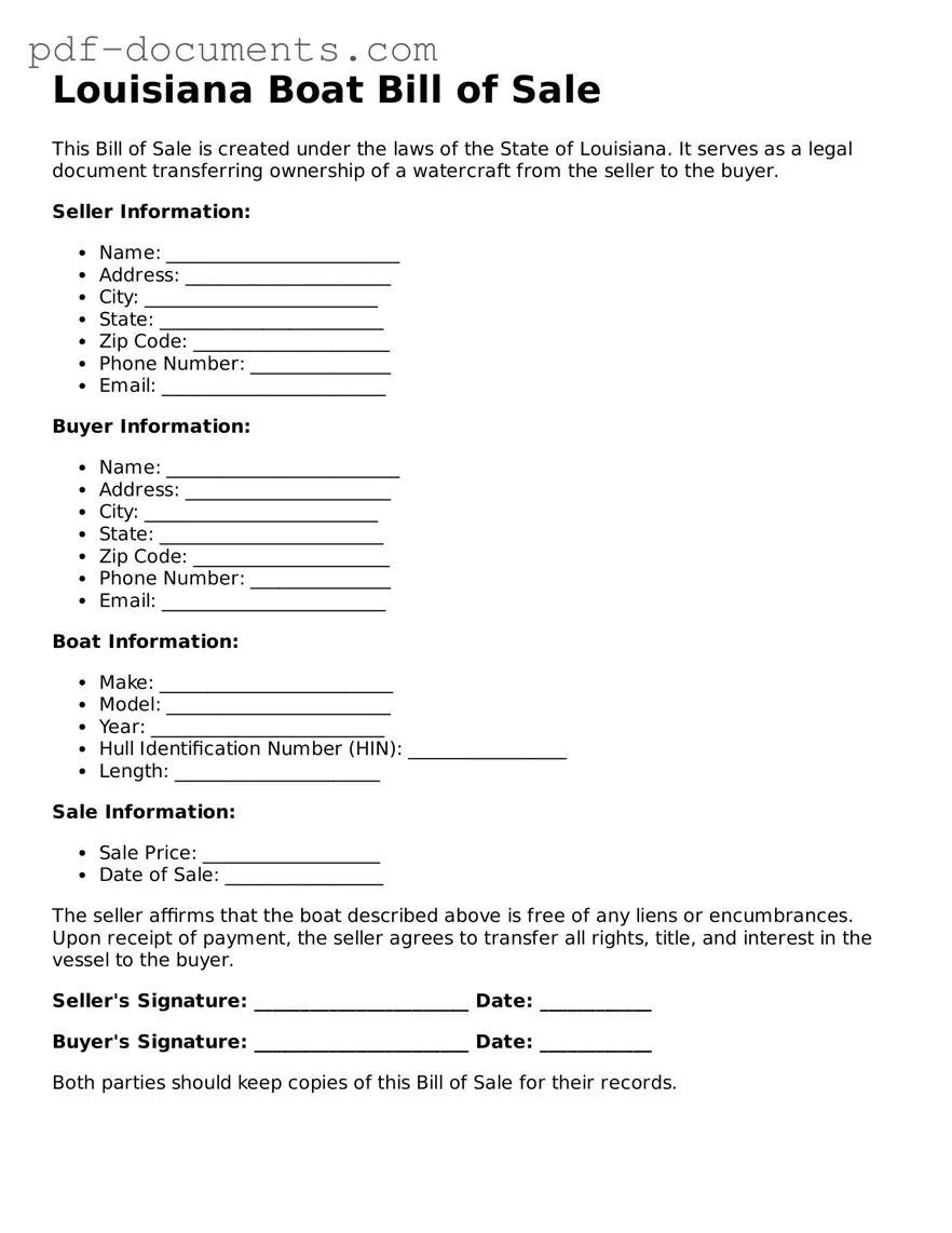 Legal Boat Bill of Sale Template for the State of Louisiana