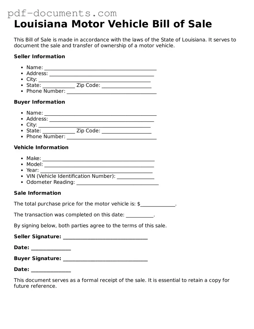 Legal Motor Vehicle Bill of Sale Template for the State of Louisiana