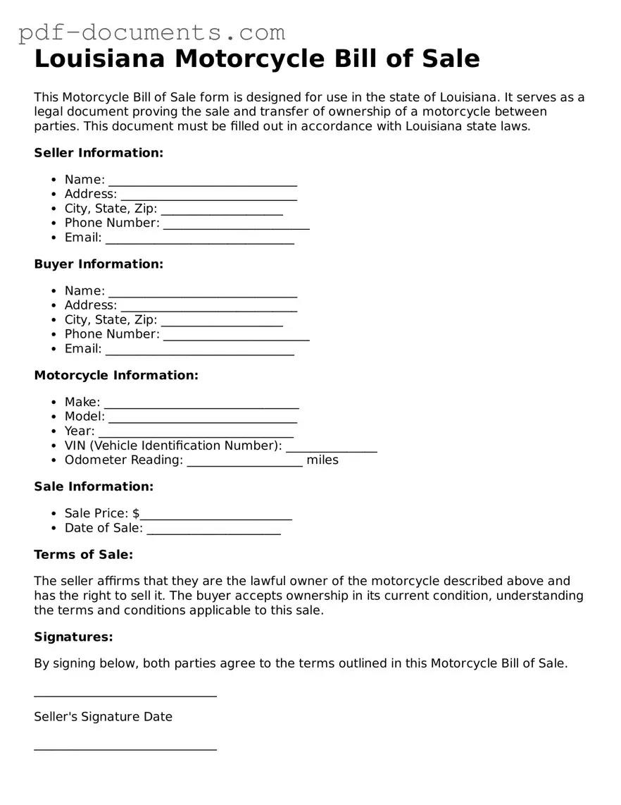 Legal Motorcycle Bill of Sale Template for the State of Louisiana