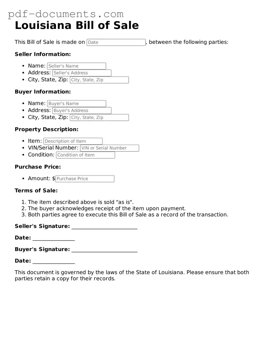 Legal Bill of Sale Template for the State of Louisiana