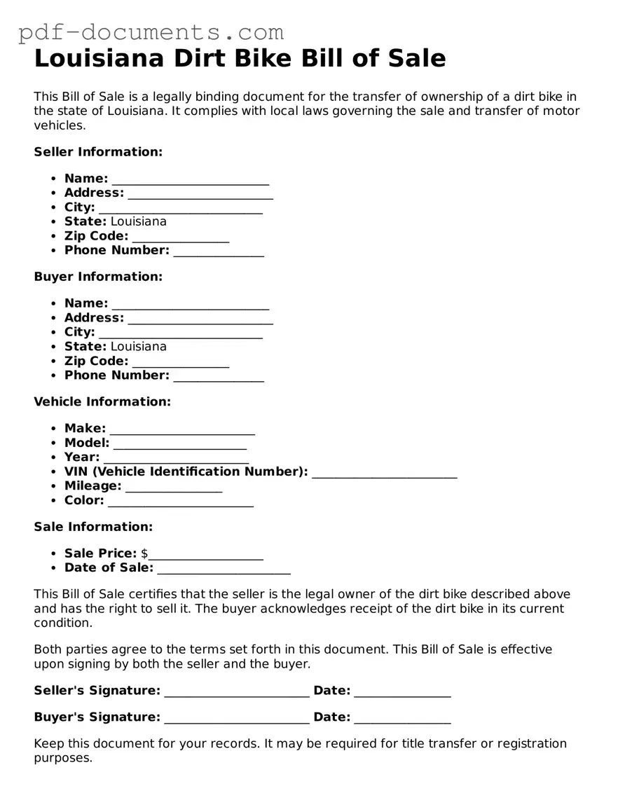 Legal Dirt Bike Bill of Sale Template for the State of Louisiana