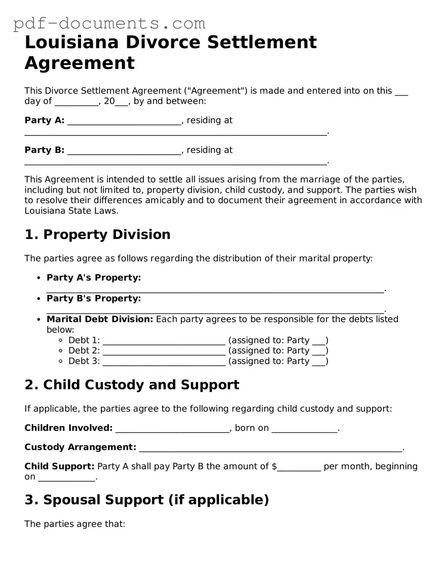 Legal Divorce Settlement Agreement Template for the State of Louisiana
