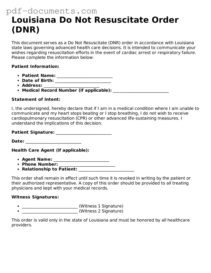 Legal Do Not Resuscitate Order Template for the State of Louisiana