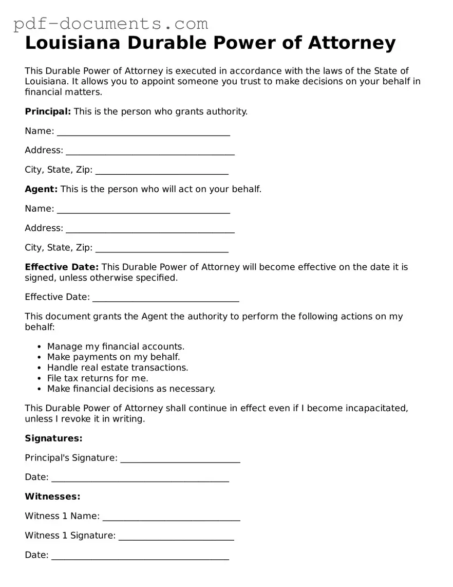 Legal Durable Power of Attorney Template for the State of Louisiana