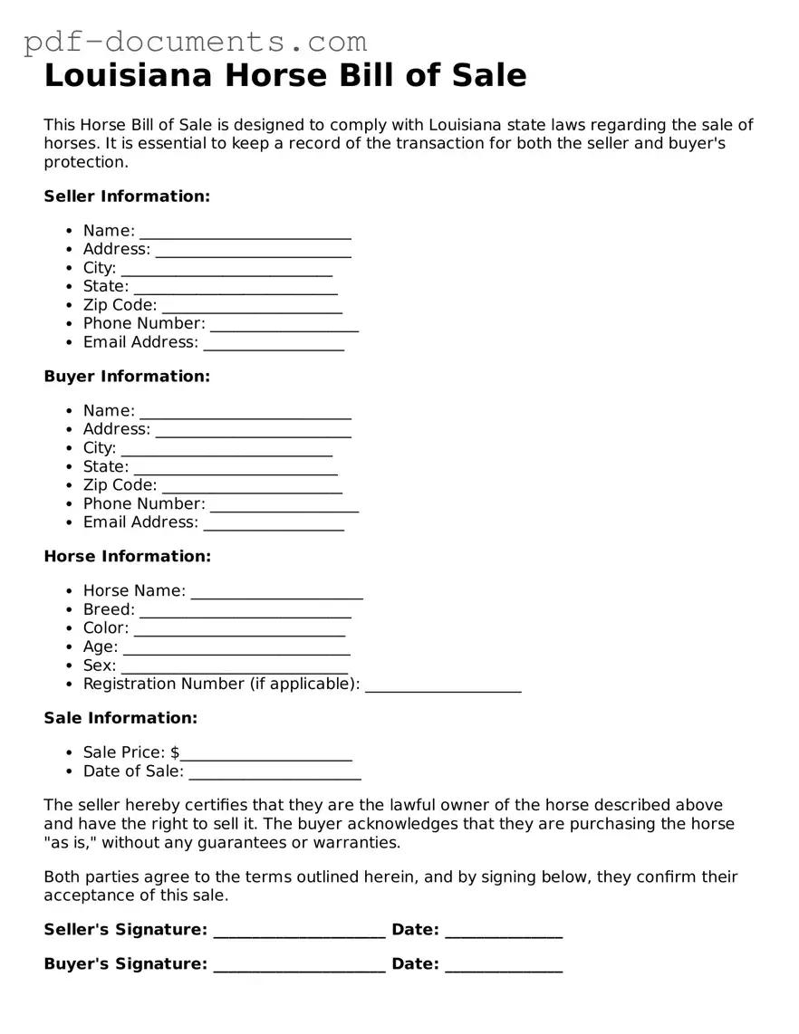 Legal Horse Bill of Sale Template for the State of Louisiana