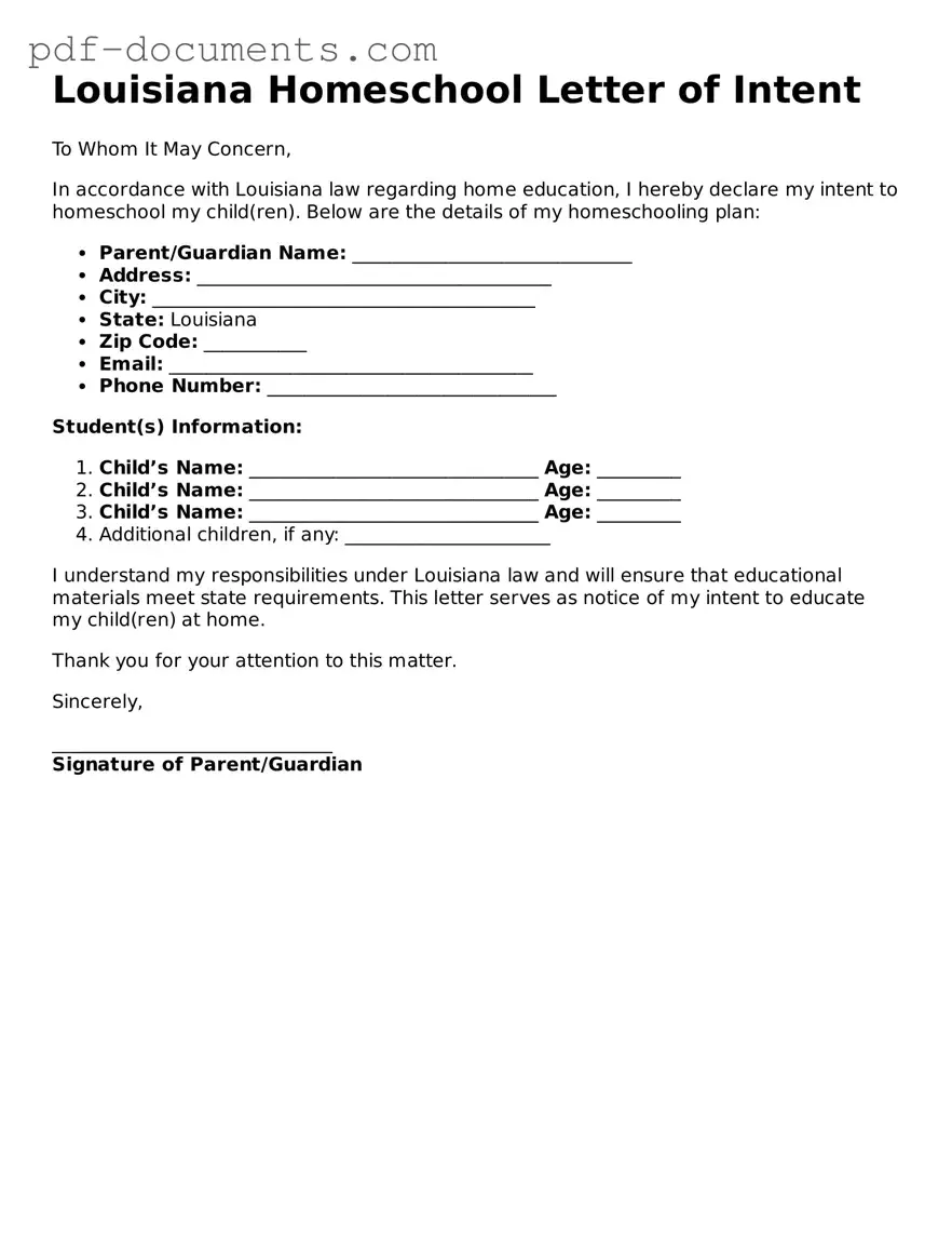 Legal Homeschool Letter of Intent Template for the State of Louisiana