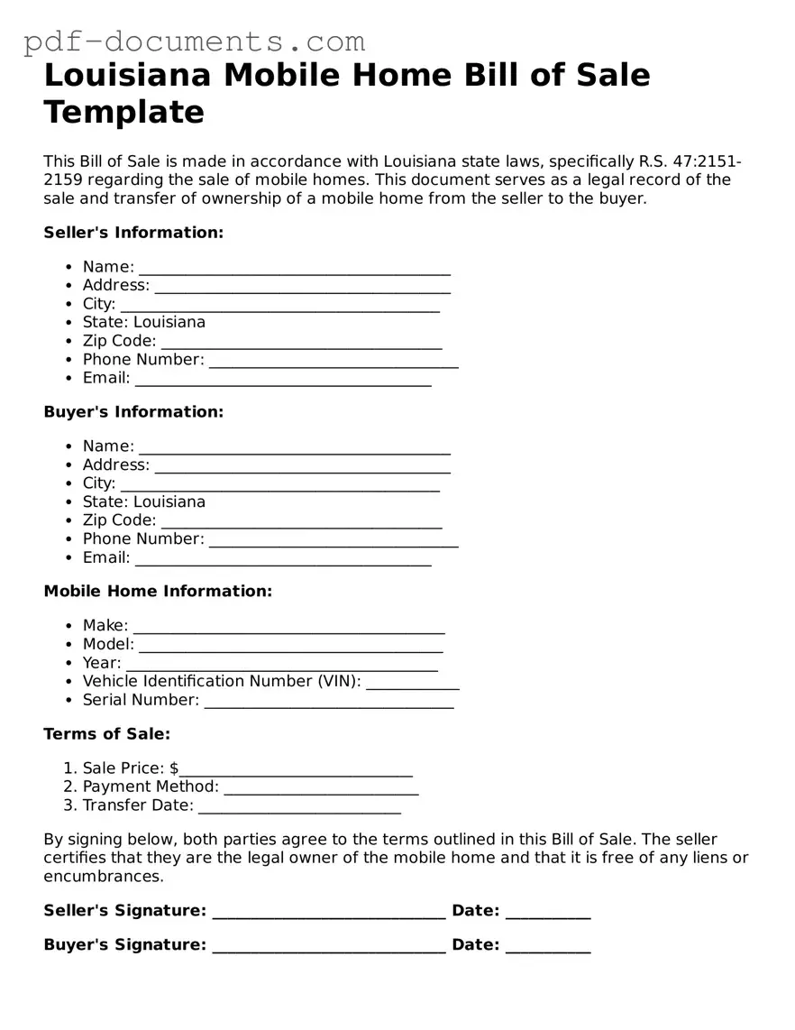 Legal Mobile Home Bill of Sale Template for the State of Louisiana