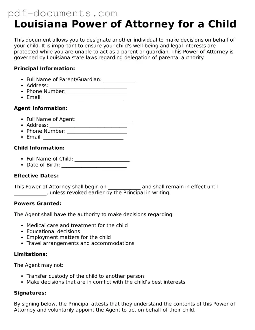 Legal Power of Attorney for a Child Template for the State of Louisiana