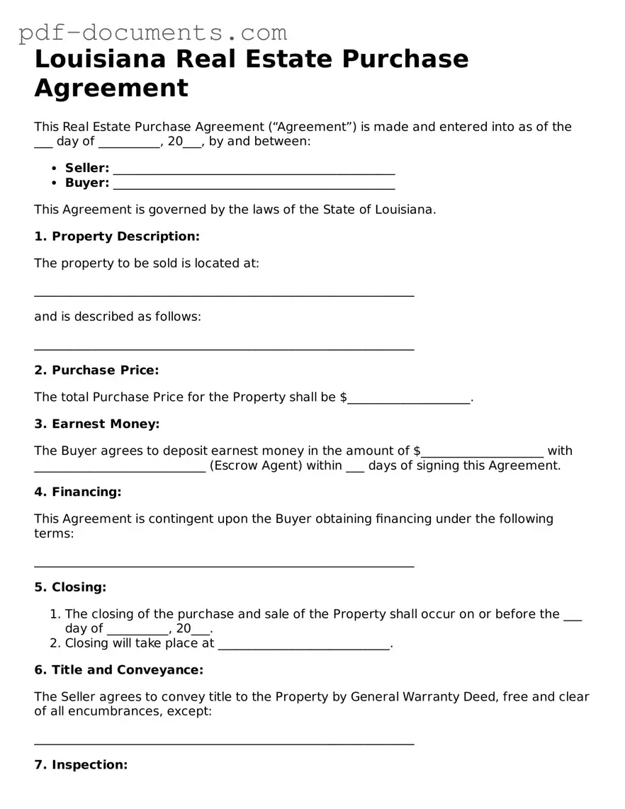 Legal Real Estate Purchase Agreement Template for the State of Louisiana