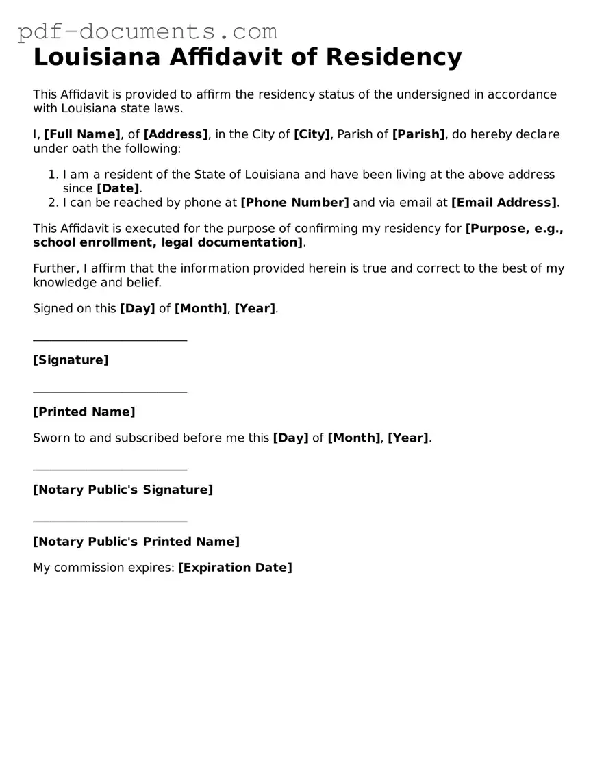 Legal Affidavit of Residency Template for the State of Louisiana