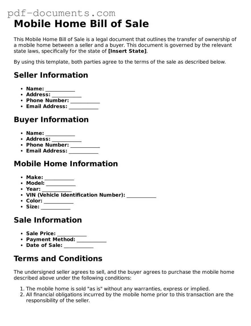 Printable Mobile Home Bill of Sale Form