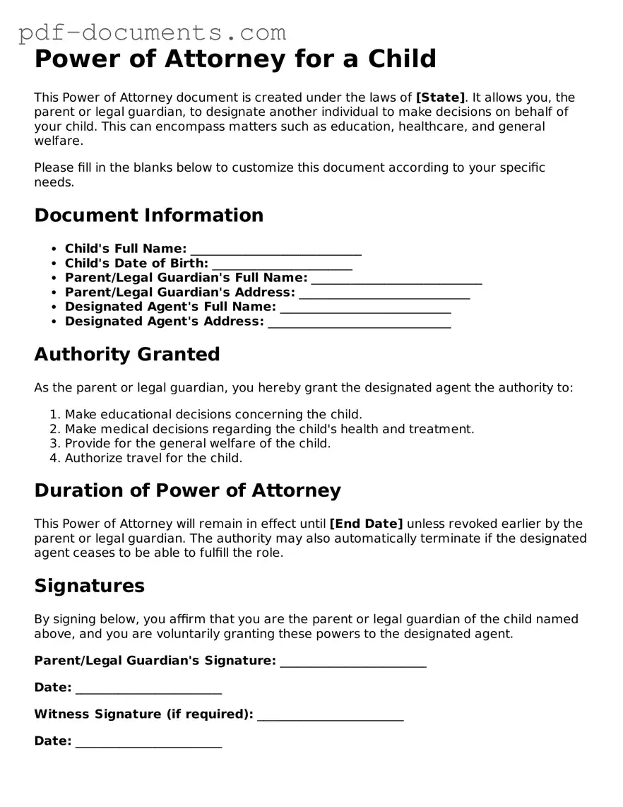 Printable Power of Attorney for a Child Form