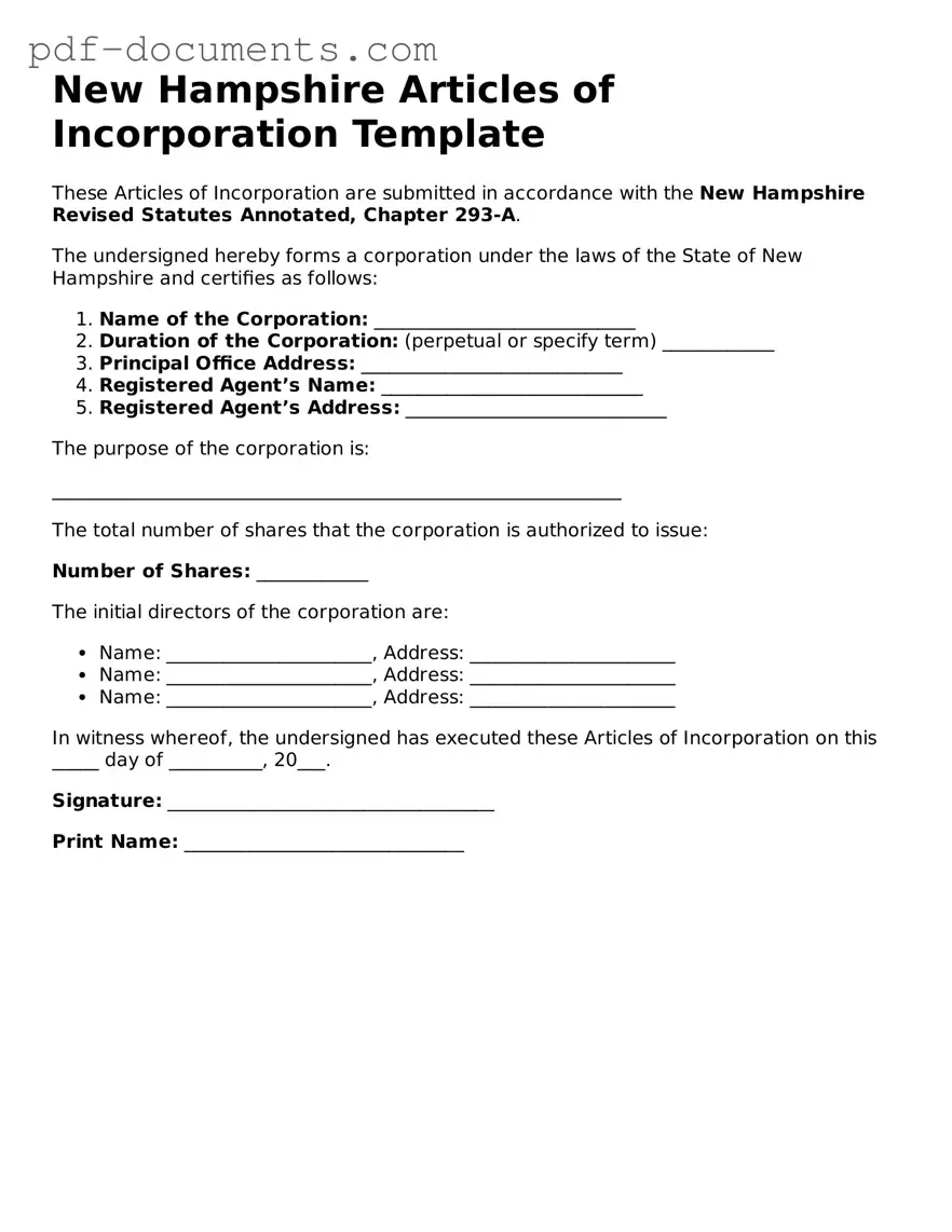 Legal Articles of Incorporation Template for the State of New Hampshire