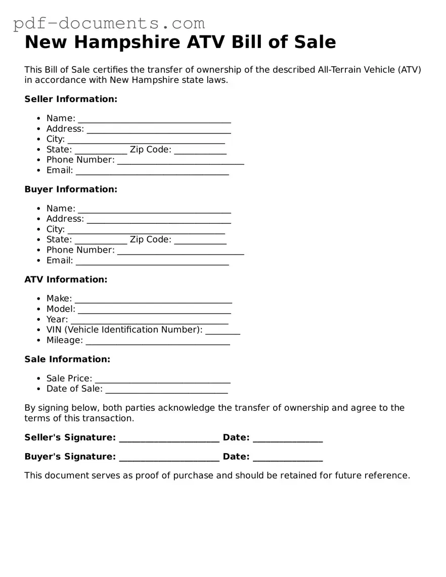 Legal ATV Bill of Sale Template for the State of New Hampshire