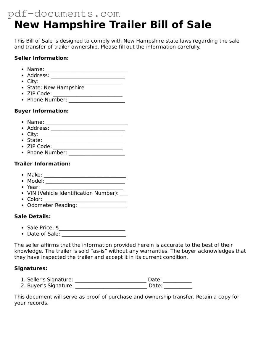 Legal Trailer Bill of Sale Template for the State of New Hampshire