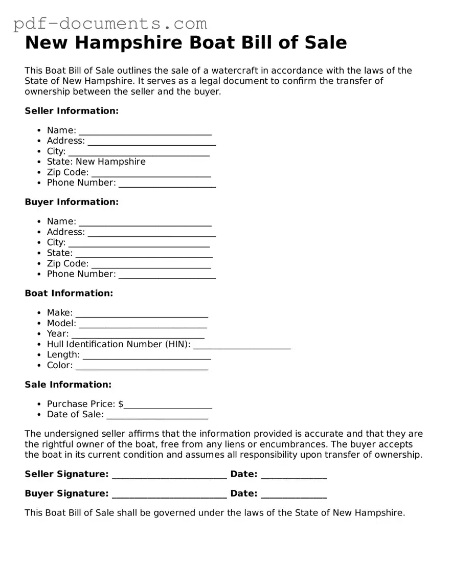 Legal Boat Bill of Sale Template for the State of New Hampshire