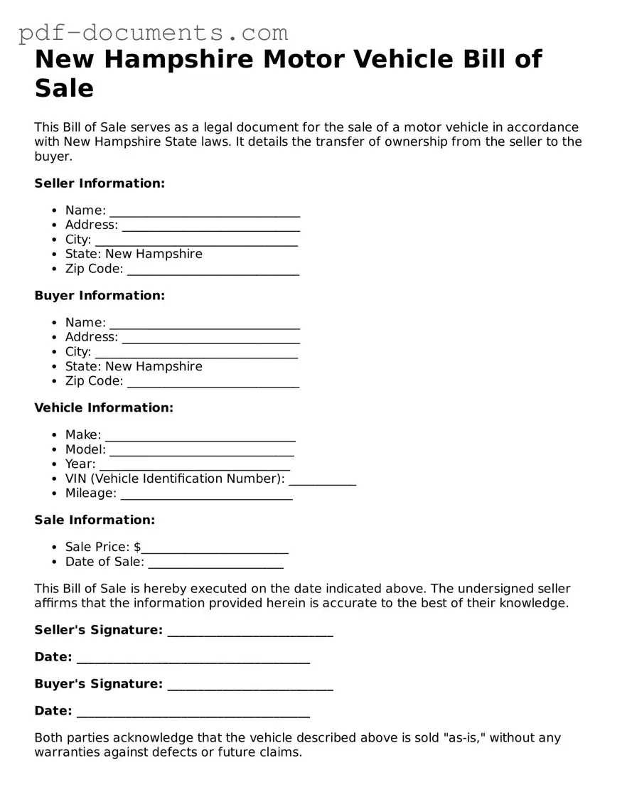 Legal Motor Vehicle Bill of Sale Template for the State of New Hampshire