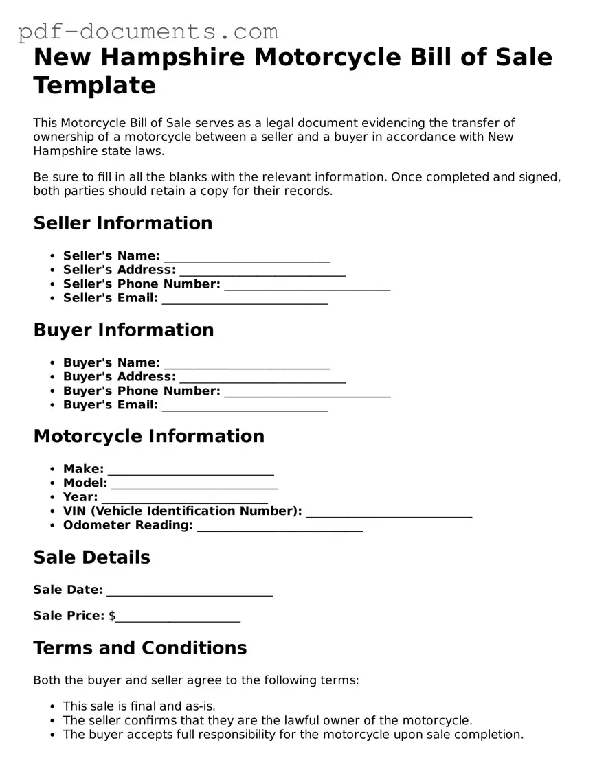 Legal Motorcycle Bill of Sale Template for the State of New Hampshire