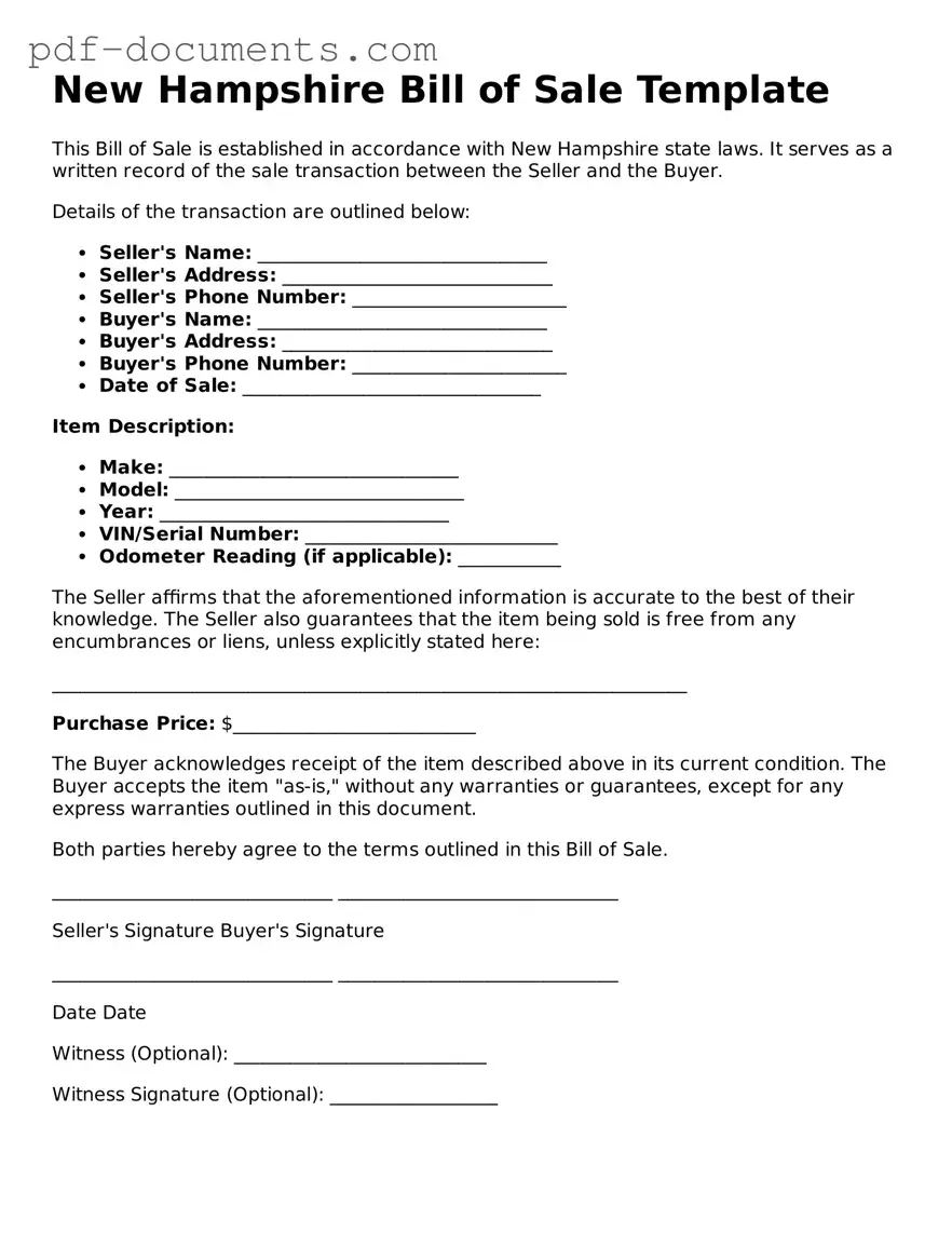 Legal Bill of Sale Template for the State of New Hampshire