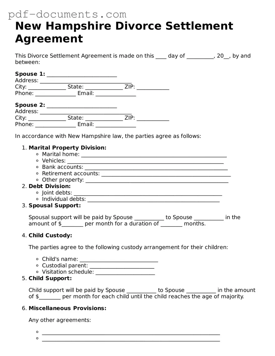 Legal Divorce Settlement Agreement Template for the State of New Hampshire