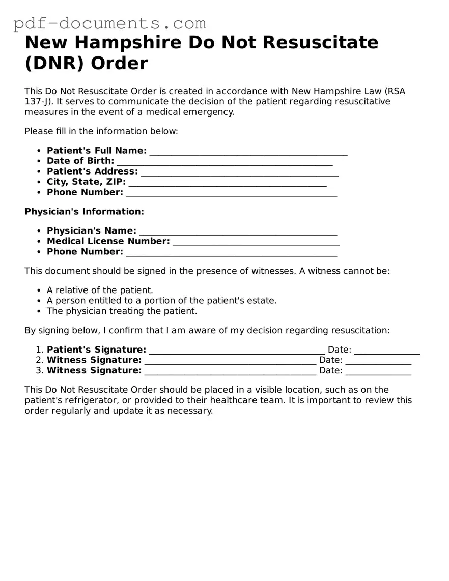 Legal Do Not Resuscitate Order Template for the State of New Hampshire