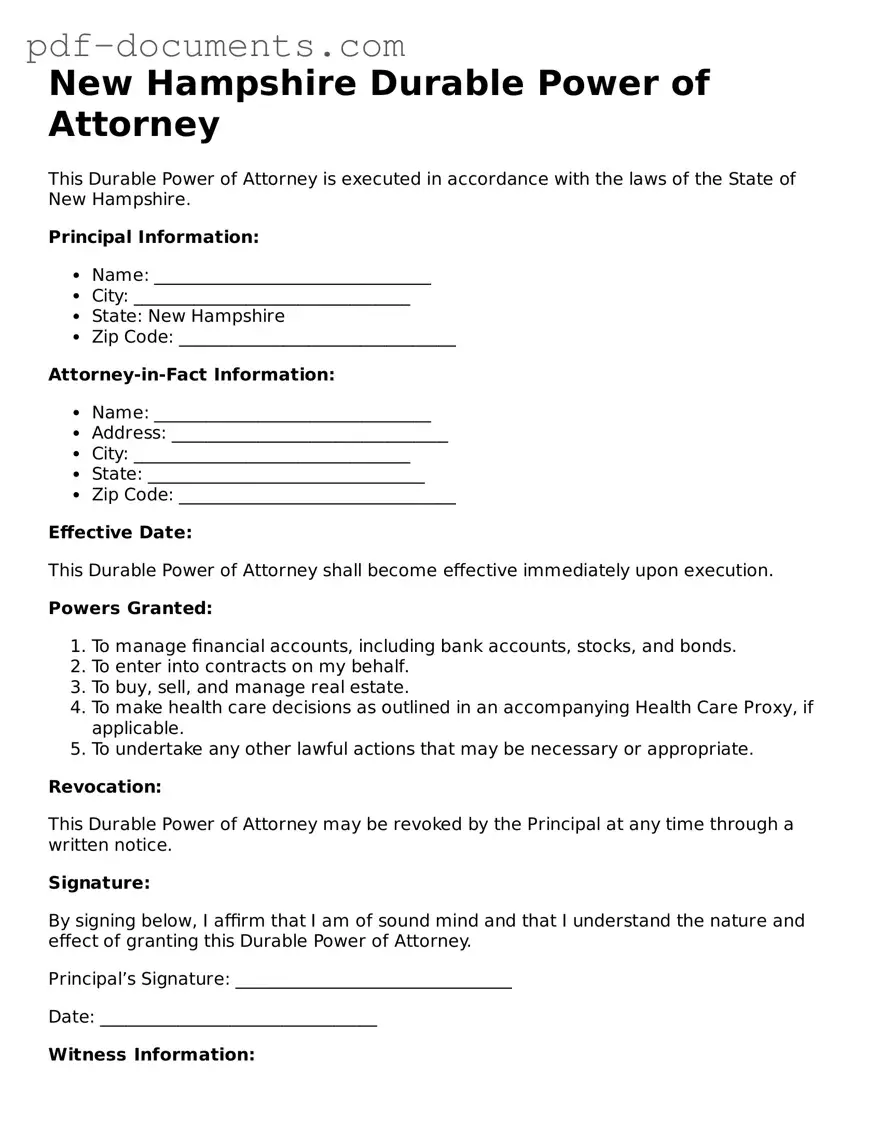 Legal Durable Power of Attorney Template for the State of New Hampshire