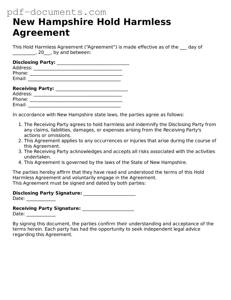 Legal Hold Harmless Agreement Template for the State of New Hampshire