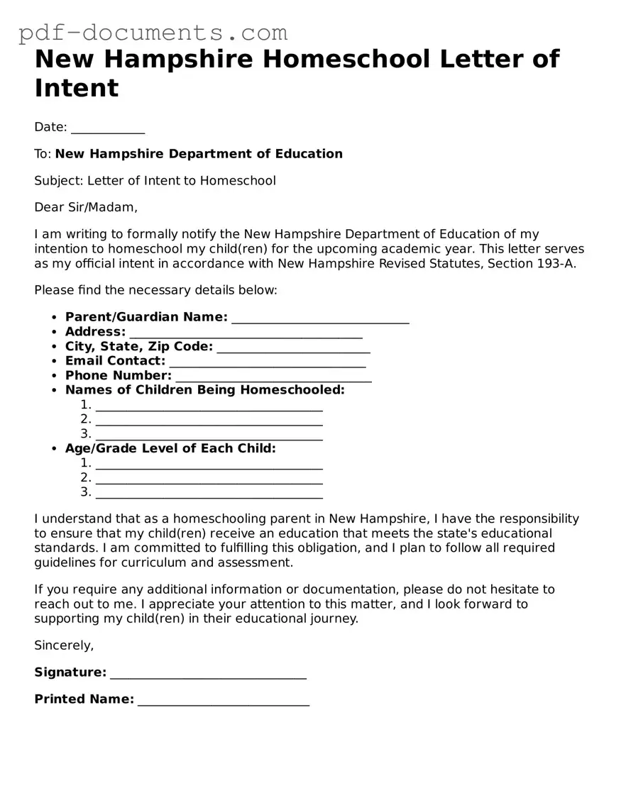 Legal Homeschool Letter of Intent Template for the State of New Hampshire
