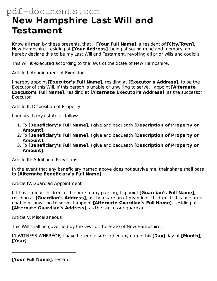 Legal Last Will and Testament Template for the State of New Hampshire