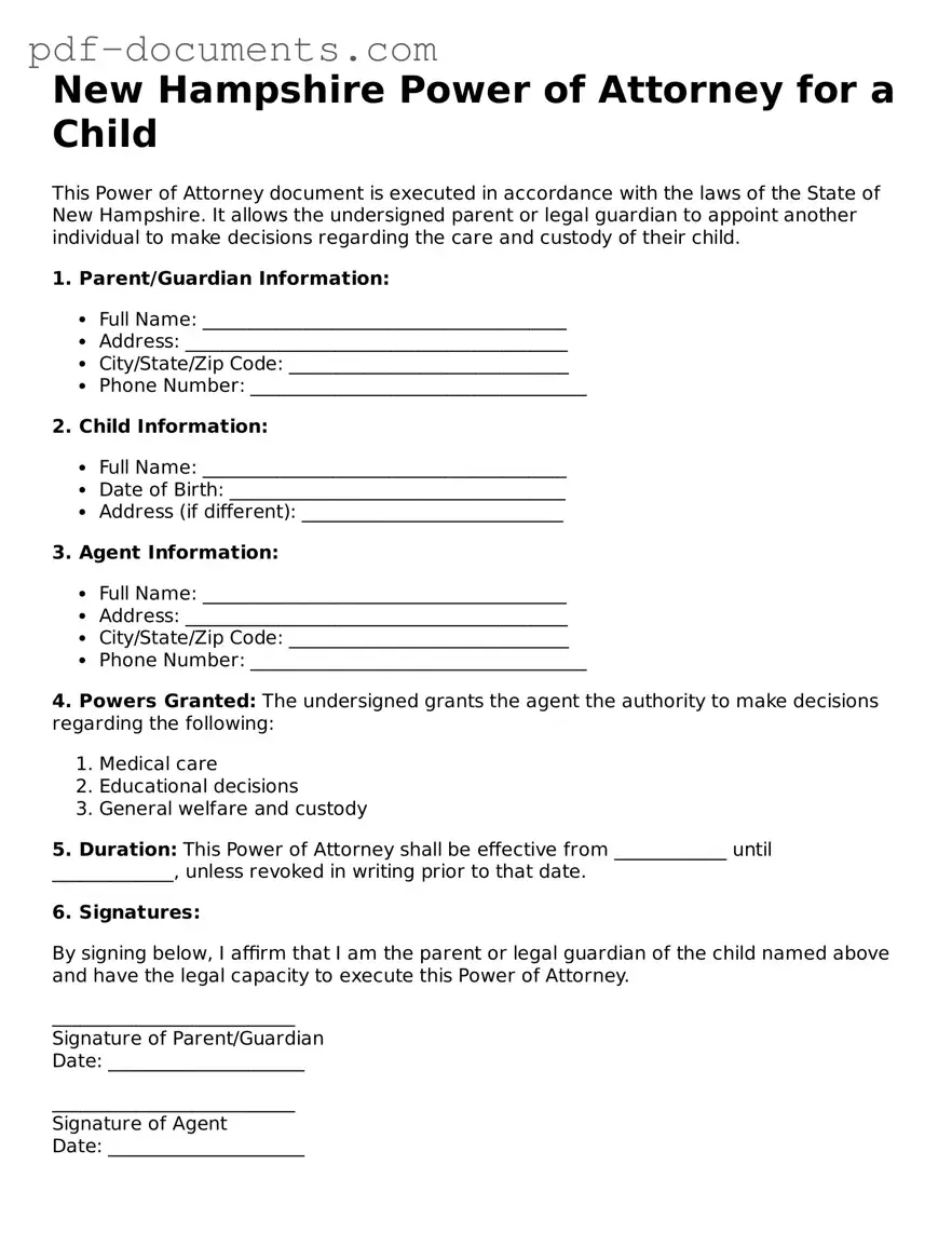Legal Power of Attorney for a Child Template for the State of New Hampshire
