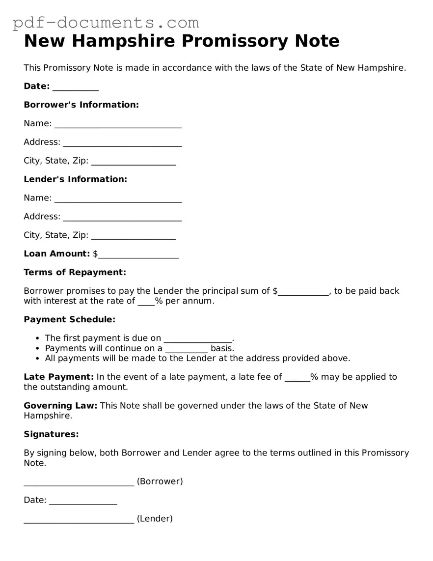 Legal Promissory Note Template for the State of New Hampshire
