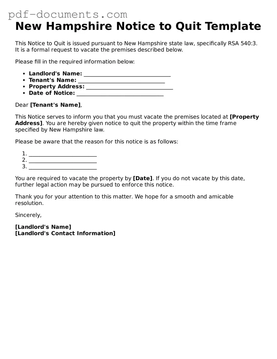 Legal Notice to Quit Template for the State of New Hampshire